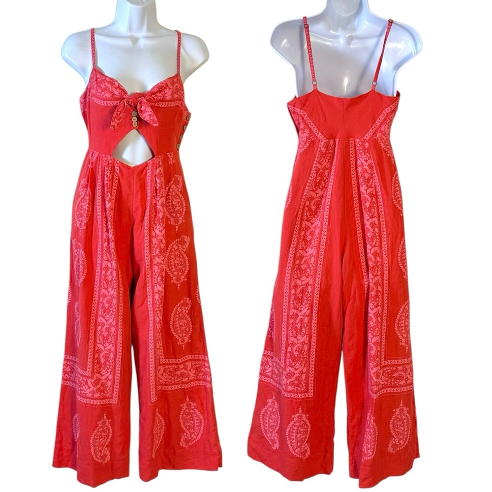 Free People Linen Bohemian Wide Leg Cut Out Jumpsuit in Red Bandana Size 2